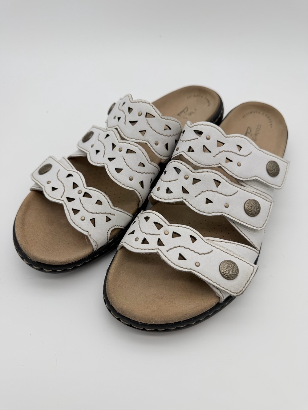 Clarks Leisa Cacti White Leather Comfort Slide Sandals Sz 8.5